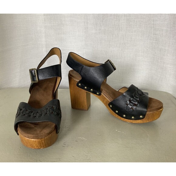 White Mountain Footbeds Altheda Black Sz 9M Block Wood Heels Y2K Sandals Shoes - Picture 1 of 10